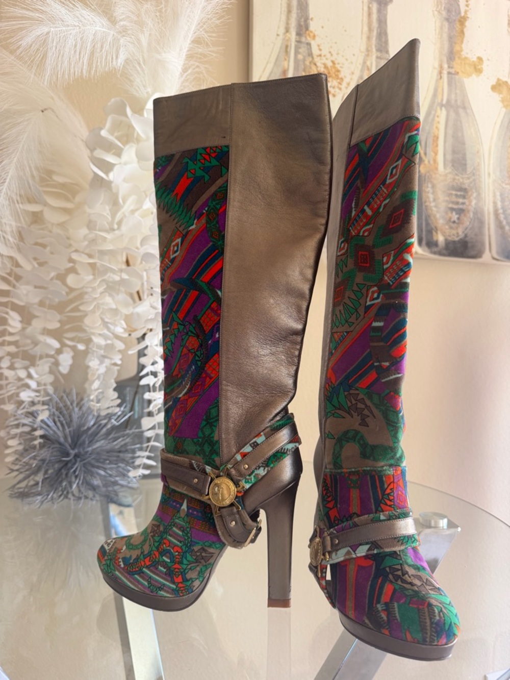 Vero Cuoio Multicolor Patterned Over-the-Knee High-Heel Boots